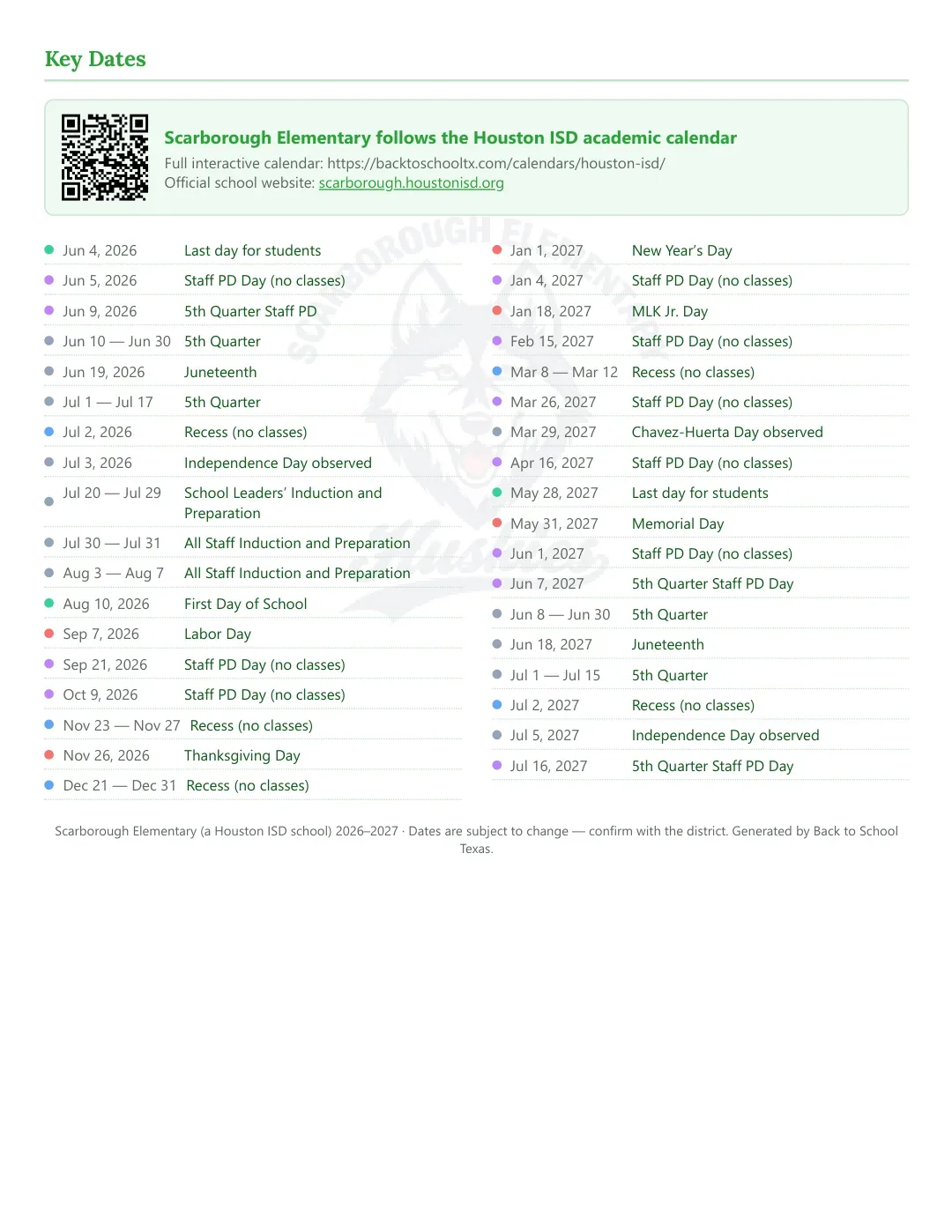 Scarborough Elementary Calendar for the Year 26-27 — key dates