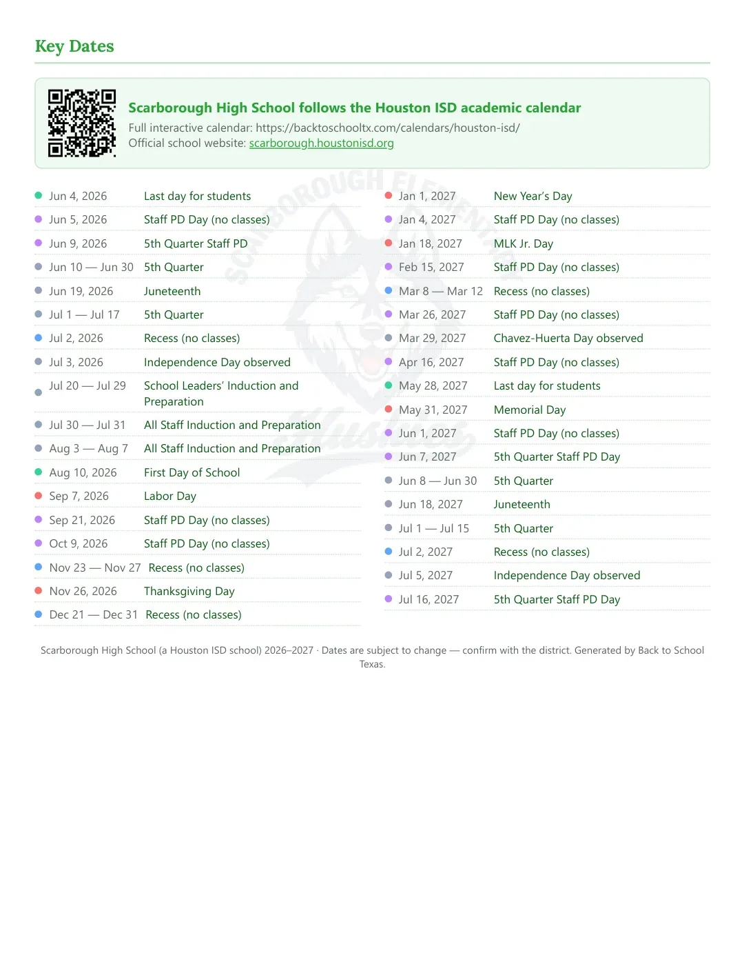 Scarborough High School Calendar for the Year 26-27 — key dates