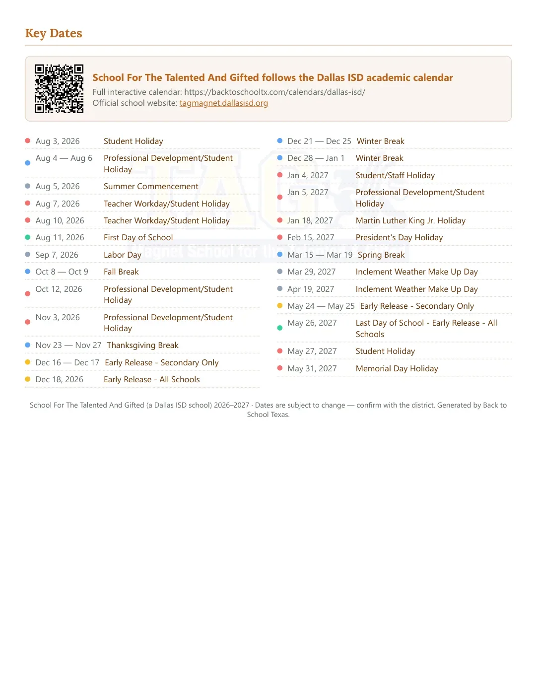 School For The Talented And Gifted Calendar for the Year 26-27 — key dates