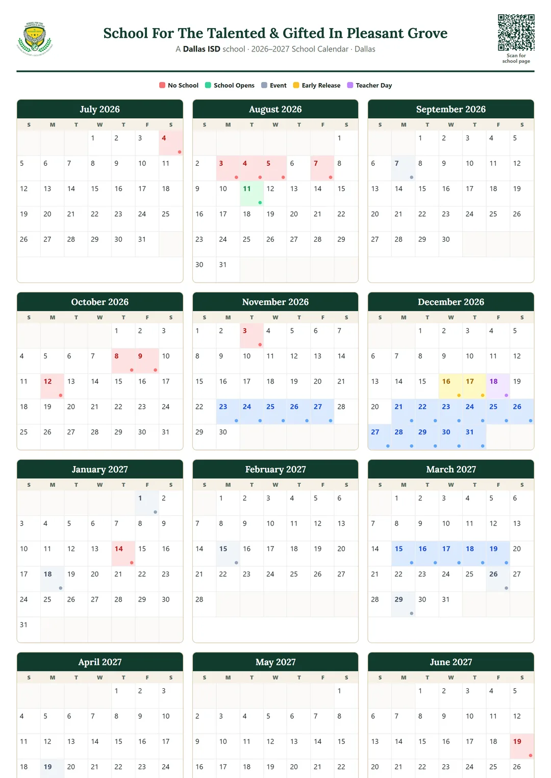 School For The Talented & Gifted In Pleasant Grove printable 2026–2027 calendar