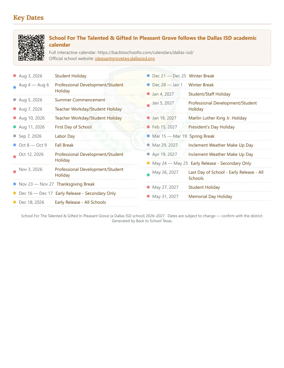 School For The Talented & Gifted In Pleasant Grove Calendar for the Year 26-27 — key dates
