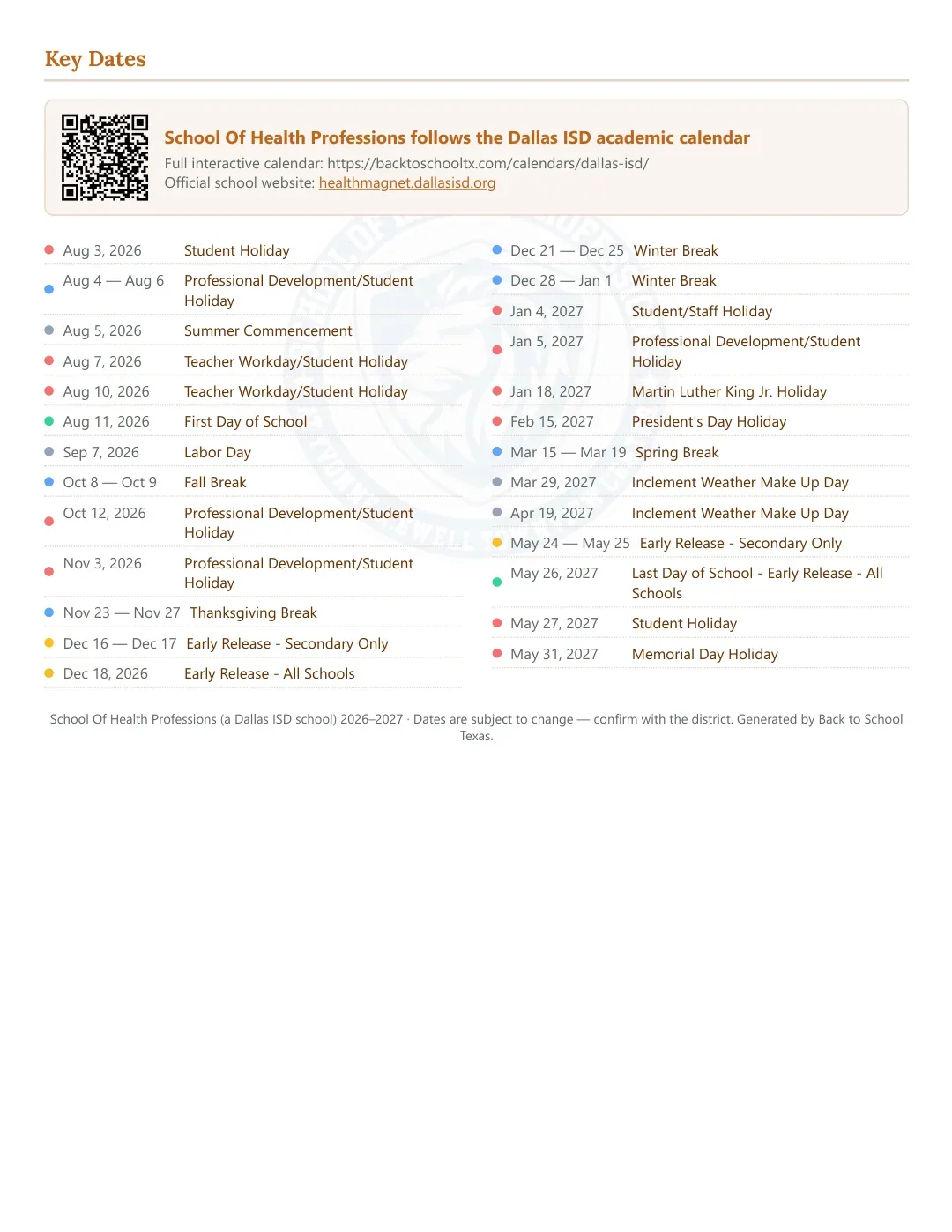 School Of Health Professions Calendar for the Year 26-27 — key dates