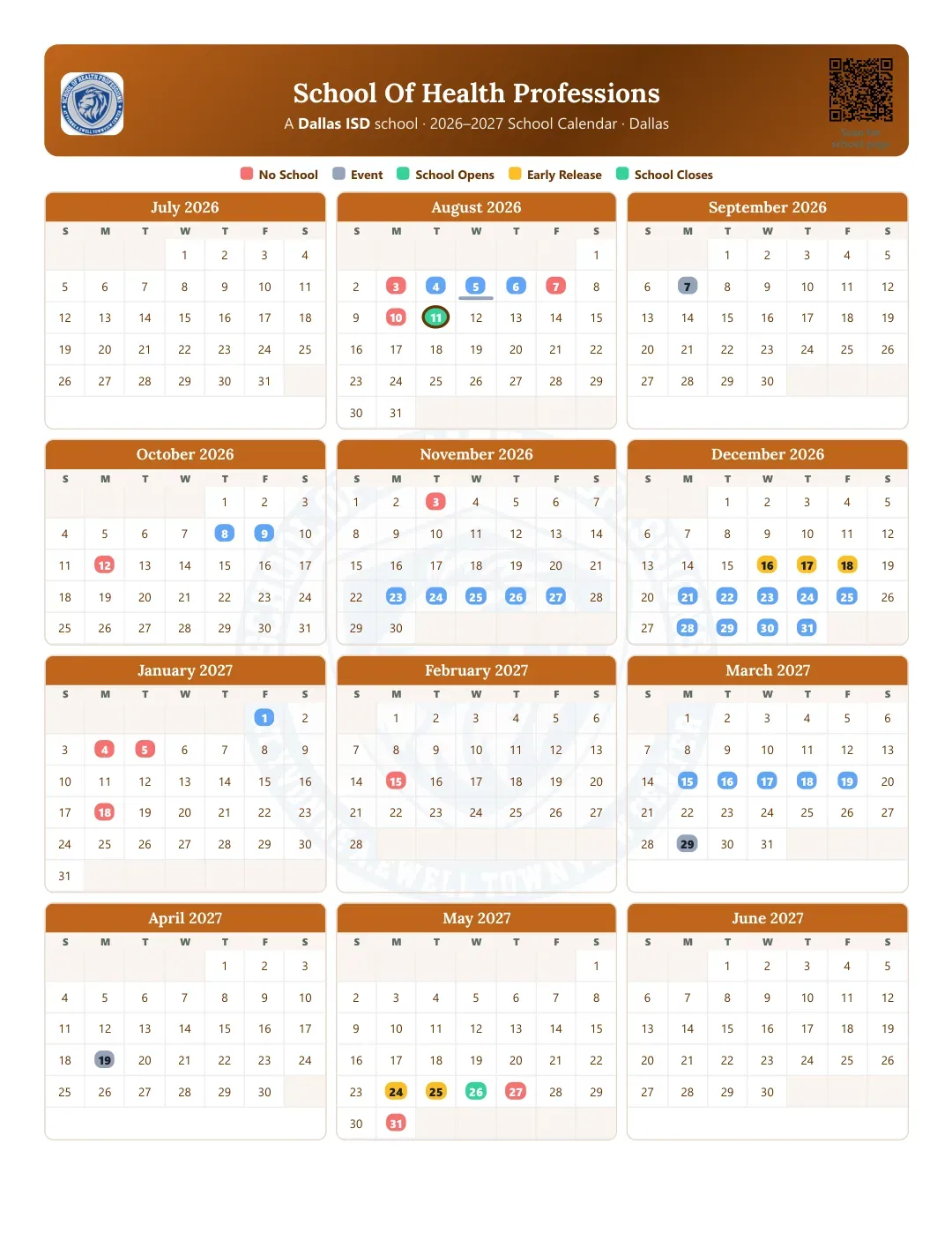 School Of Health Professions Calendar for the Year 26-27