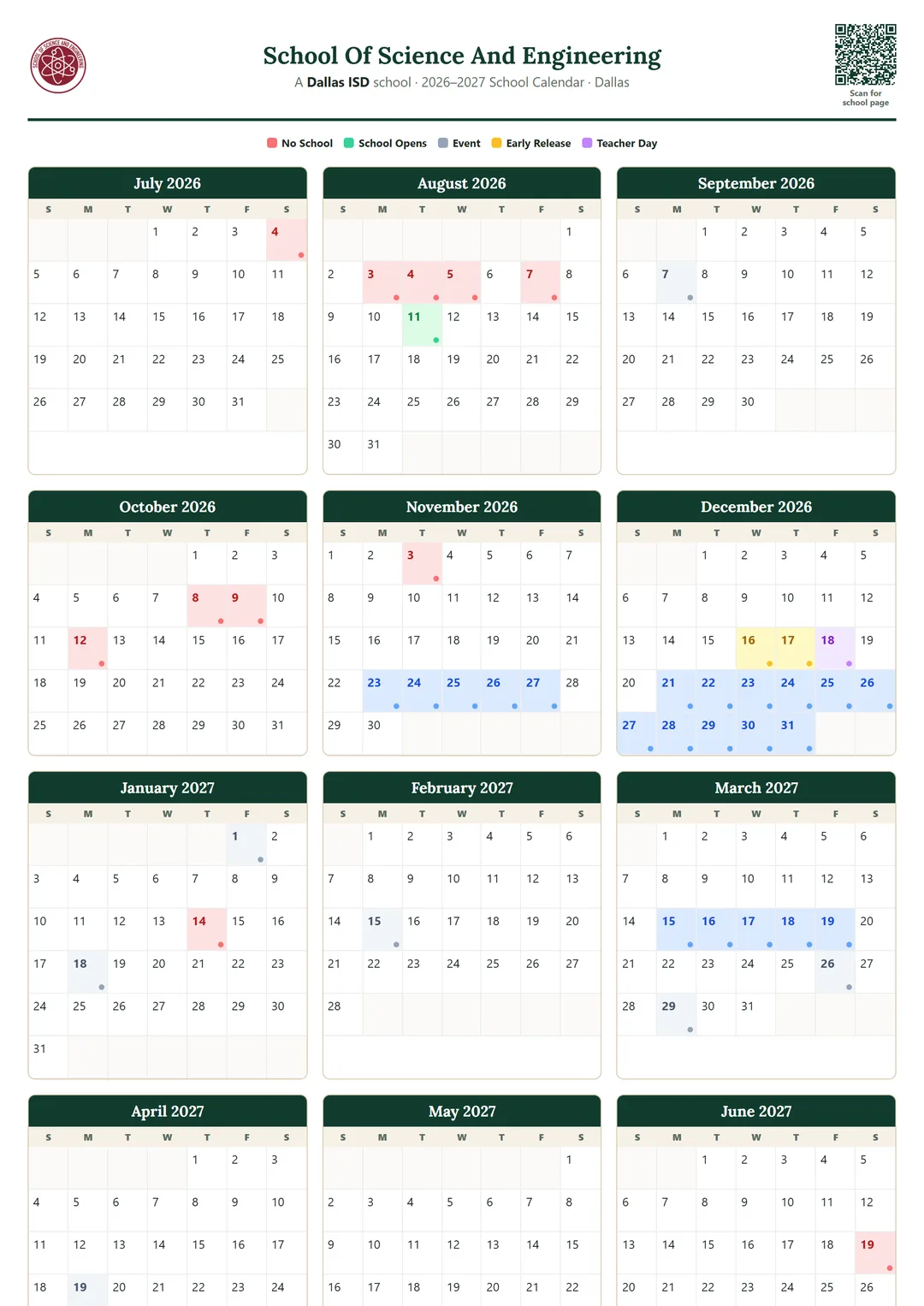 School Of Science And Engineering printable 2026–2027 calendar