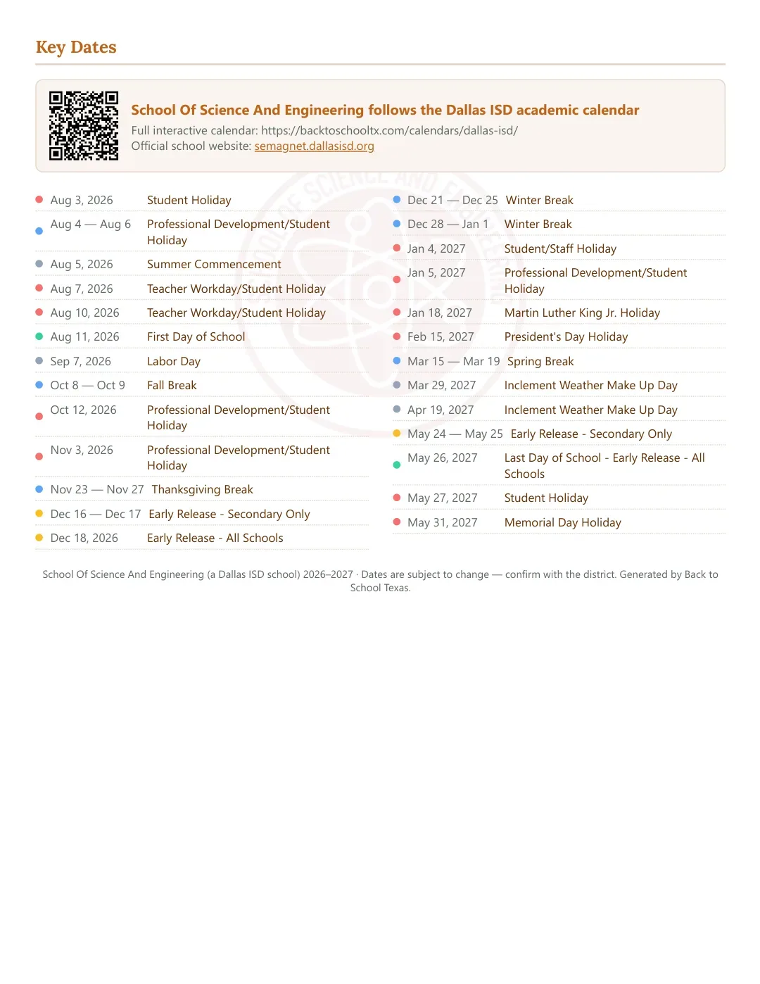 School Of Science And Engineering Calendar for the Year 26-27 — key dates