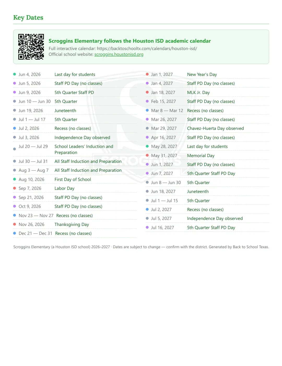 Scroggins Elementary Calendar for the Year 26-27 — key dates