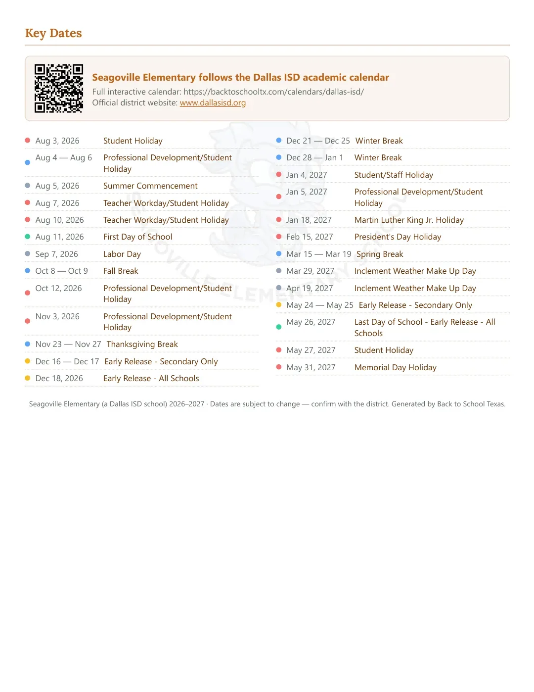 Seagoville Elementary Calendar for the Year 26-27 — key dates