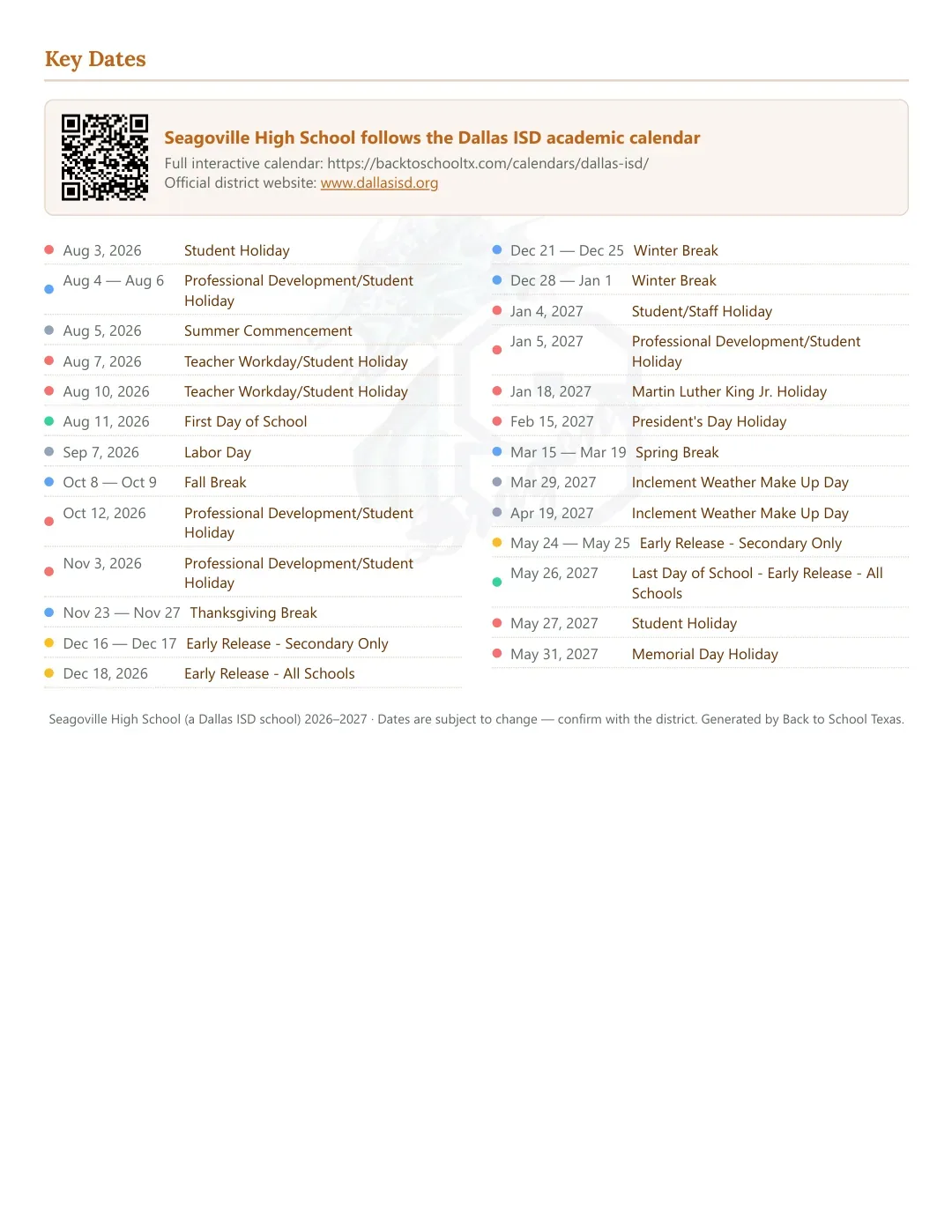 Seagoville High School Calendar for the Year 26-27 — key dates