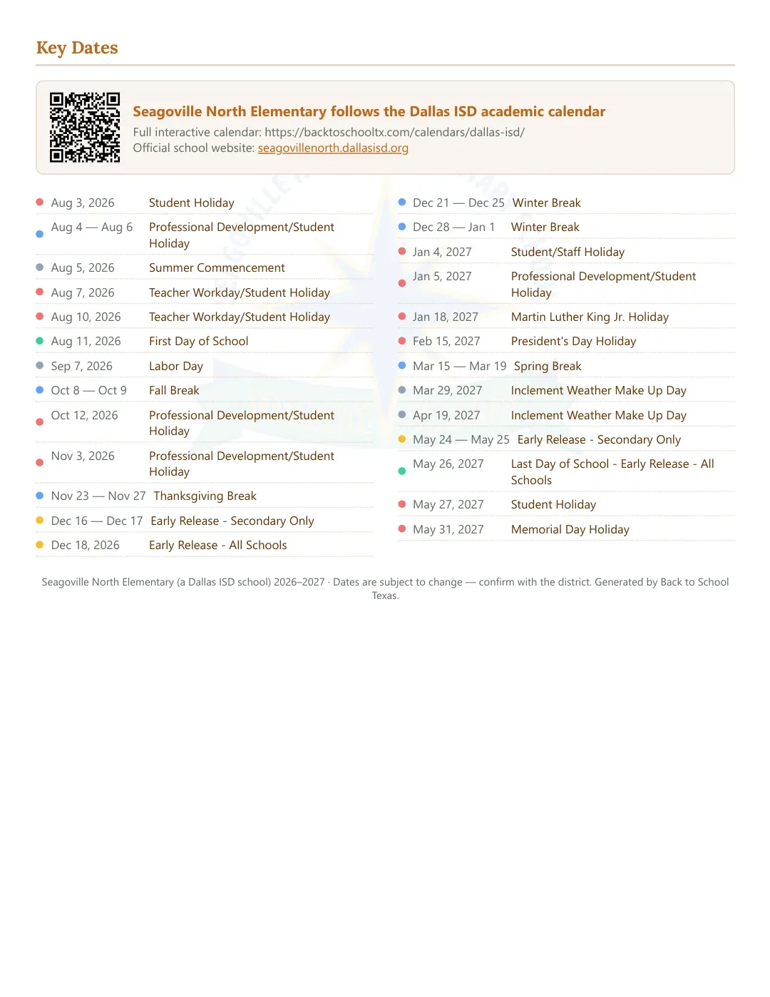Seagoville North Elementary Calendar for the Year 26-27 — key dates