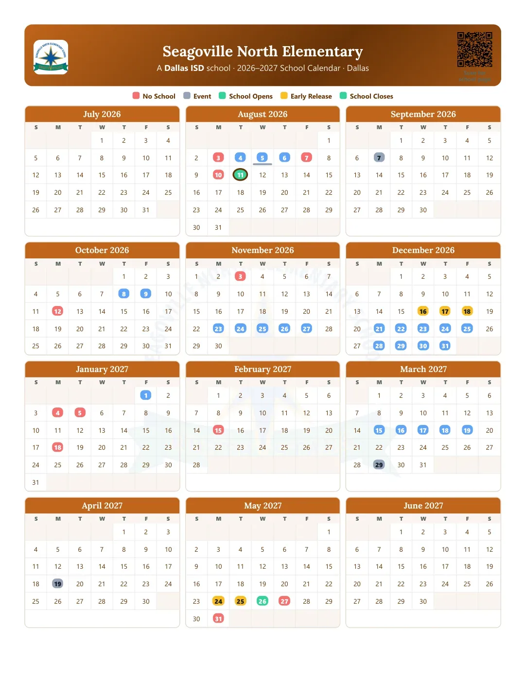 Seagoville North Elementary Calendar for the Year 26-27
