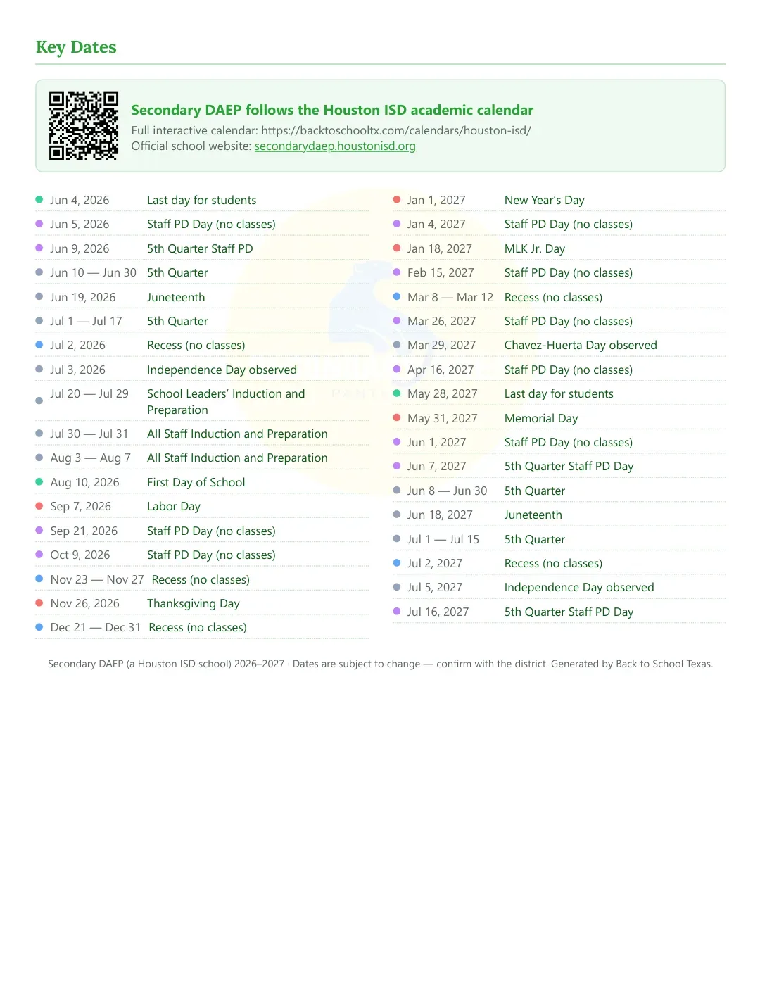 Secondary DAEP Calendar for the Year 26-27 — key dates