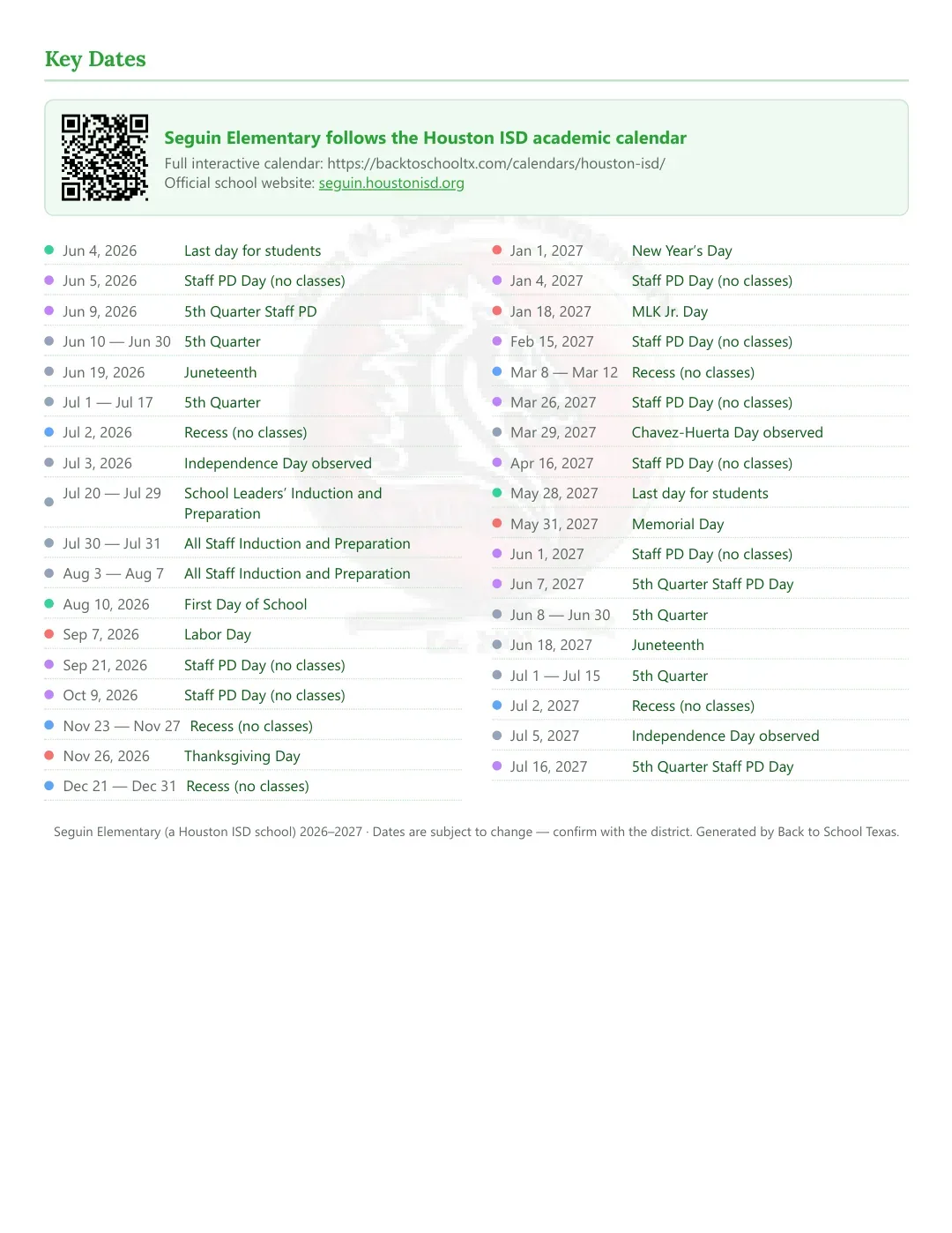 Seguin Elementary Calendar for the Year 26-27 — key dates