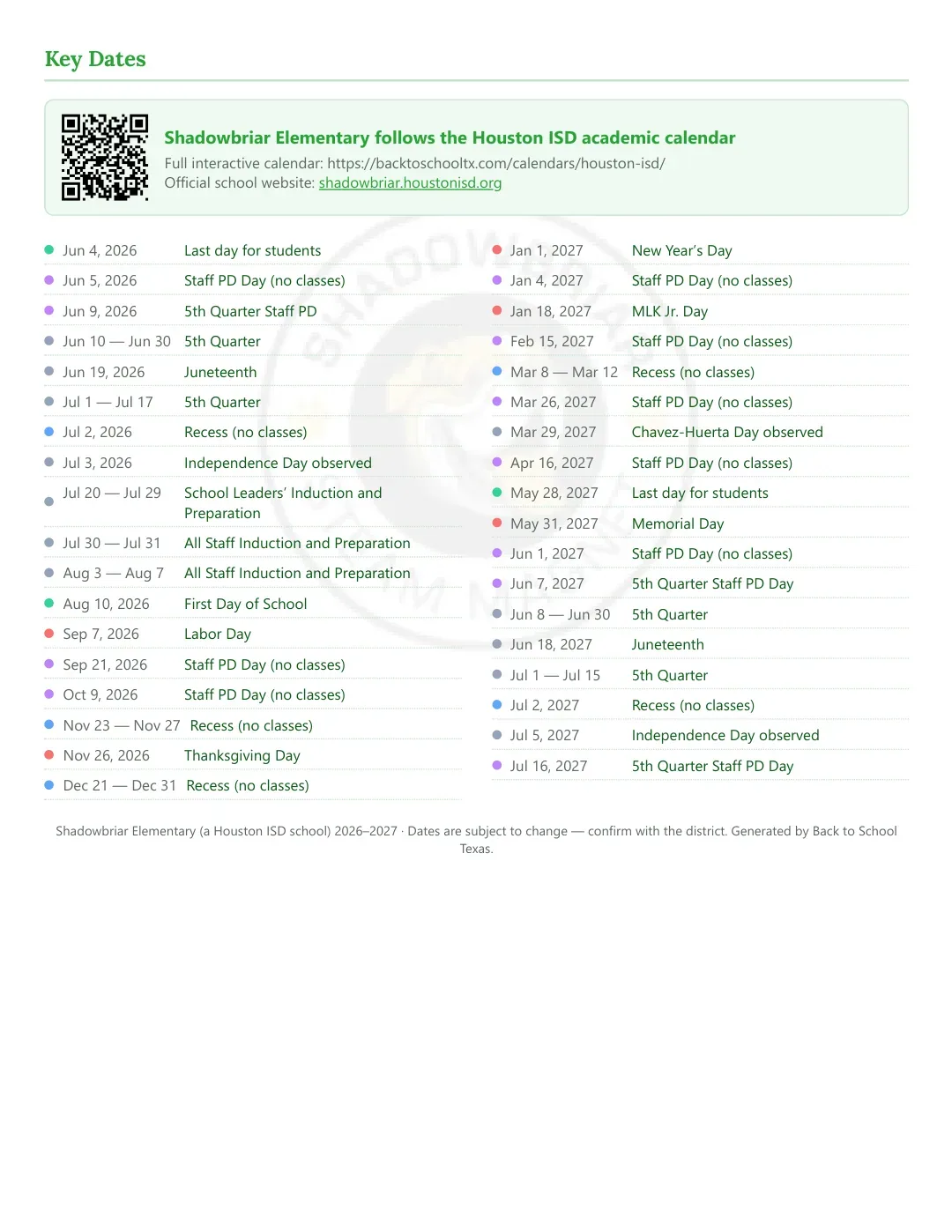 Shadowbriar Elementary Calendar for the Year 26-27 — key dates