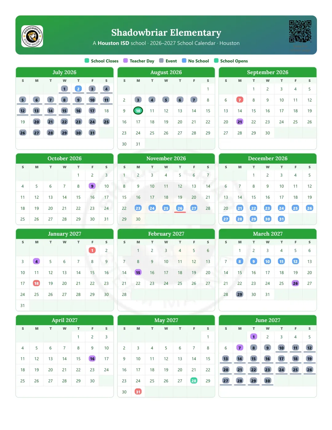Shadowbriar Elementary Calendar for the Year 26-27