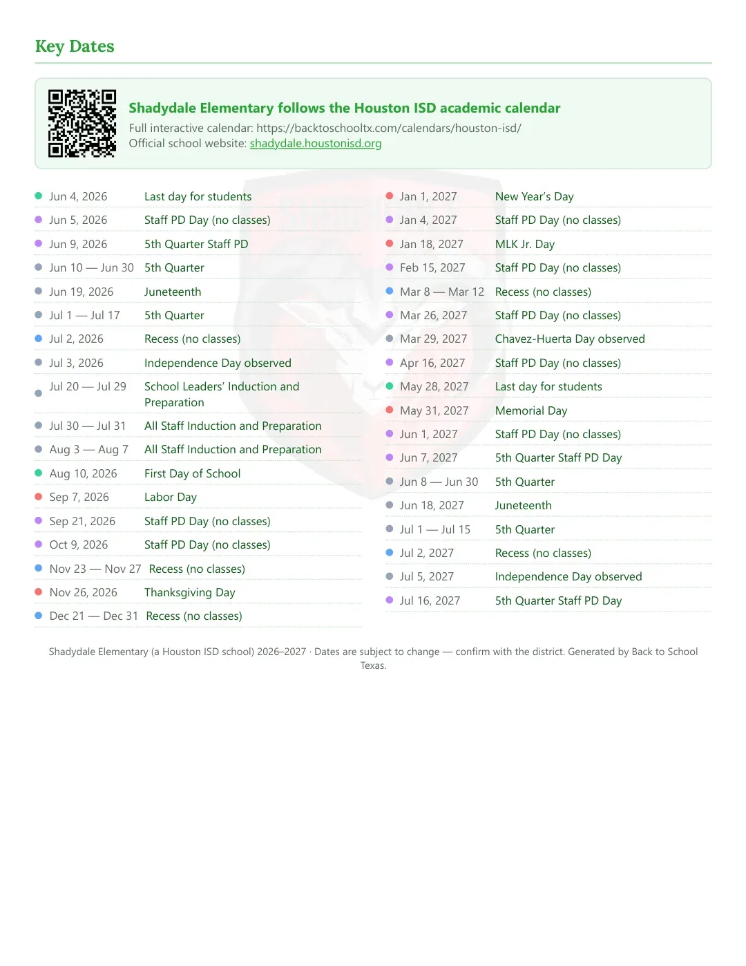 Shadydale Elementary Calendar for the Year 26-27 — key dates