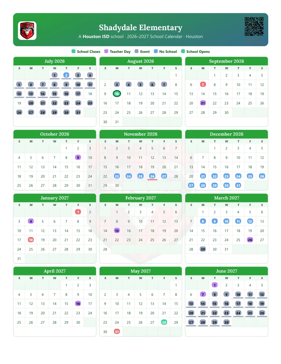 Shadydale Elementary Calendar for the Year 26-27