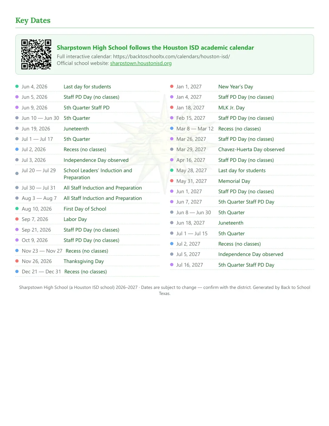 Sharpstown High School Calendar for the Year 26-27 — key dates