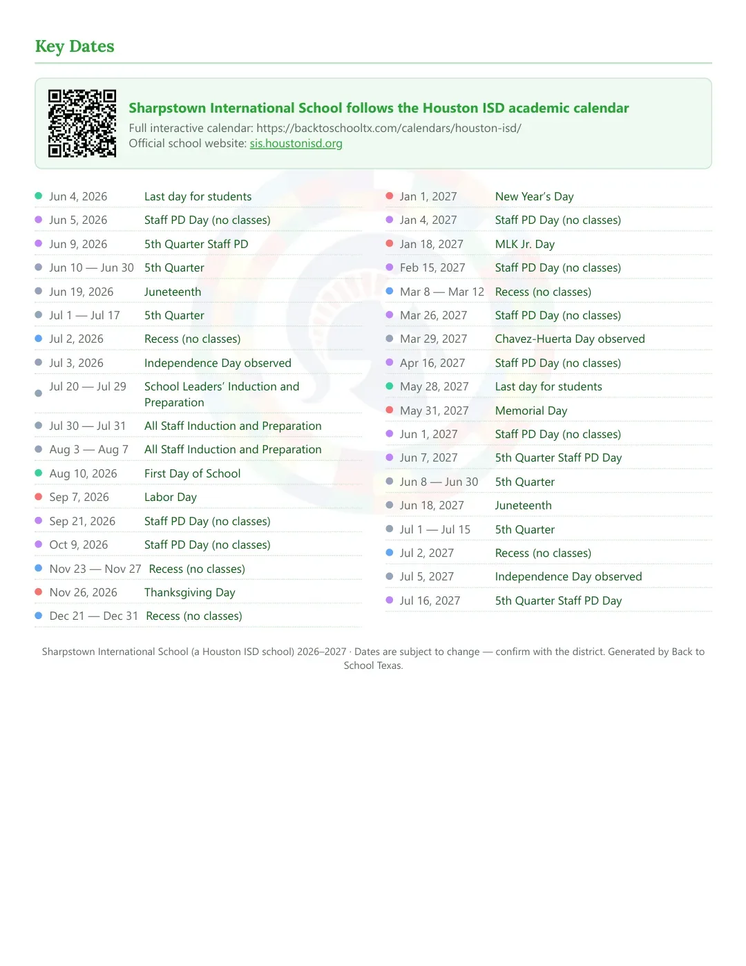 Sharpstown International School Calendar for the Year 26-27 — key dates