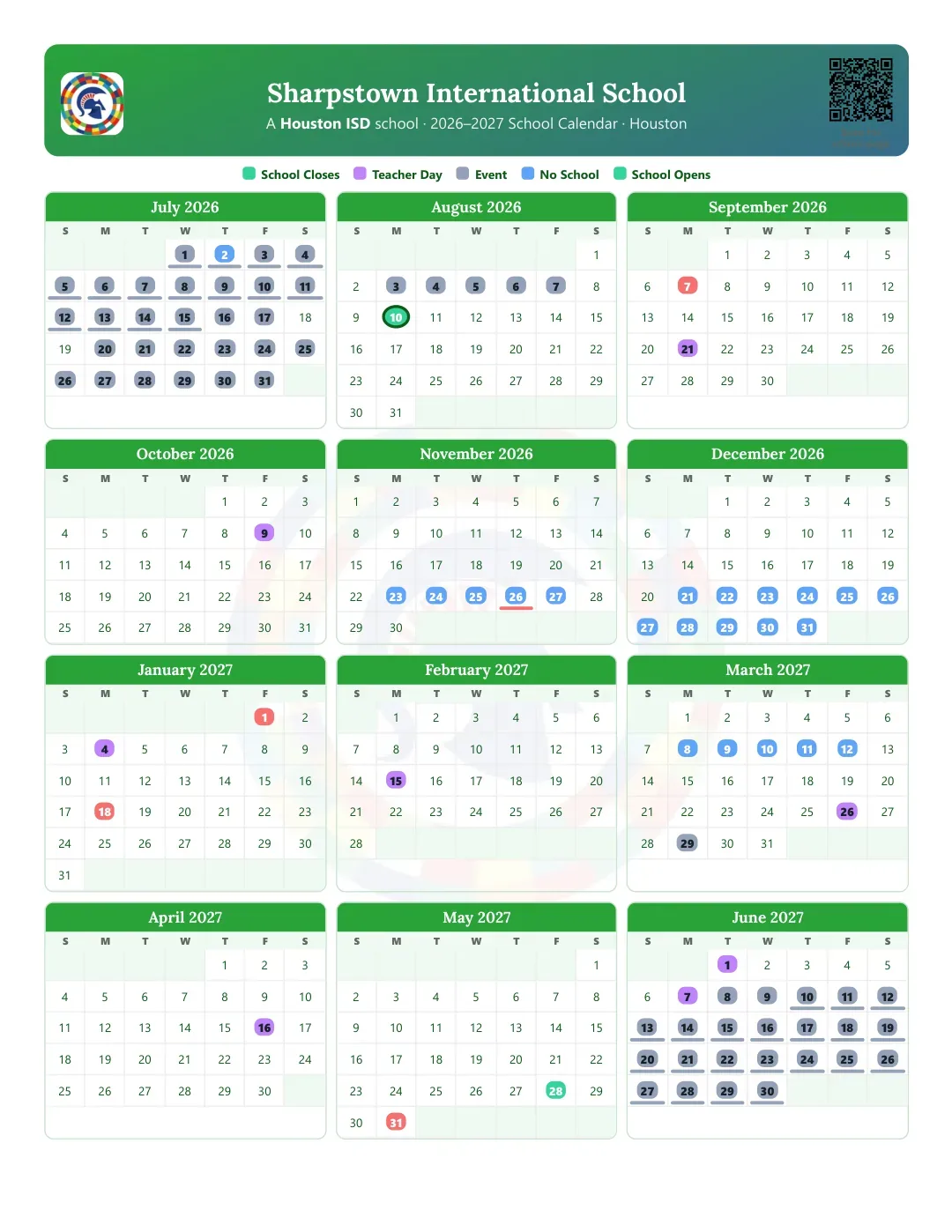 Sharpstown International School Calendar for the Year 26-27