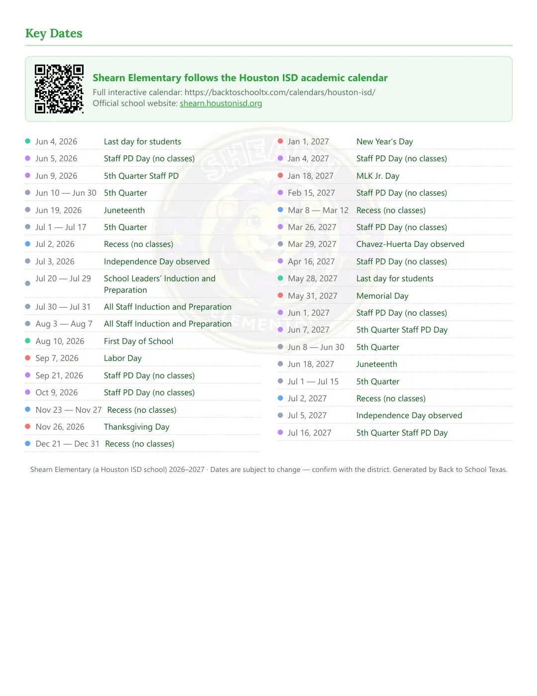 Shearn Elementary Calendar for the Year 26-27 — key dates