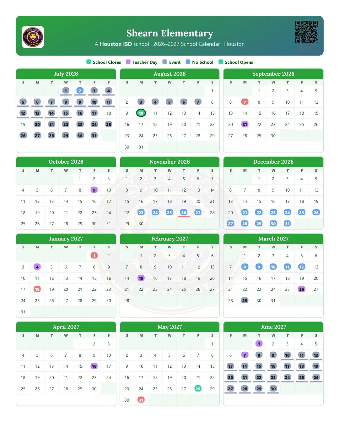 Shearn Elementary Calendar for the Year 26-27