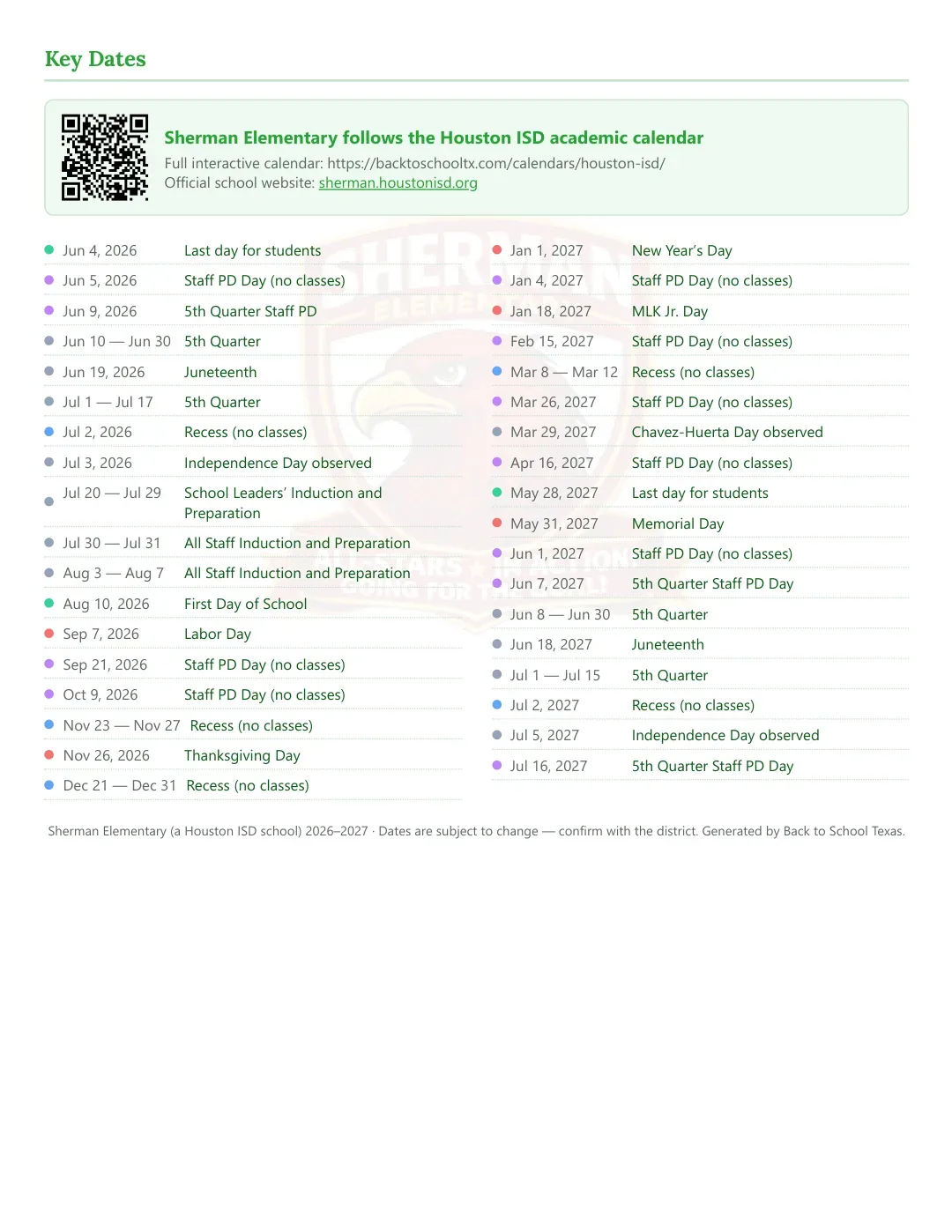 Sherman Elementary Calendar for the Year 26-27 — key dates