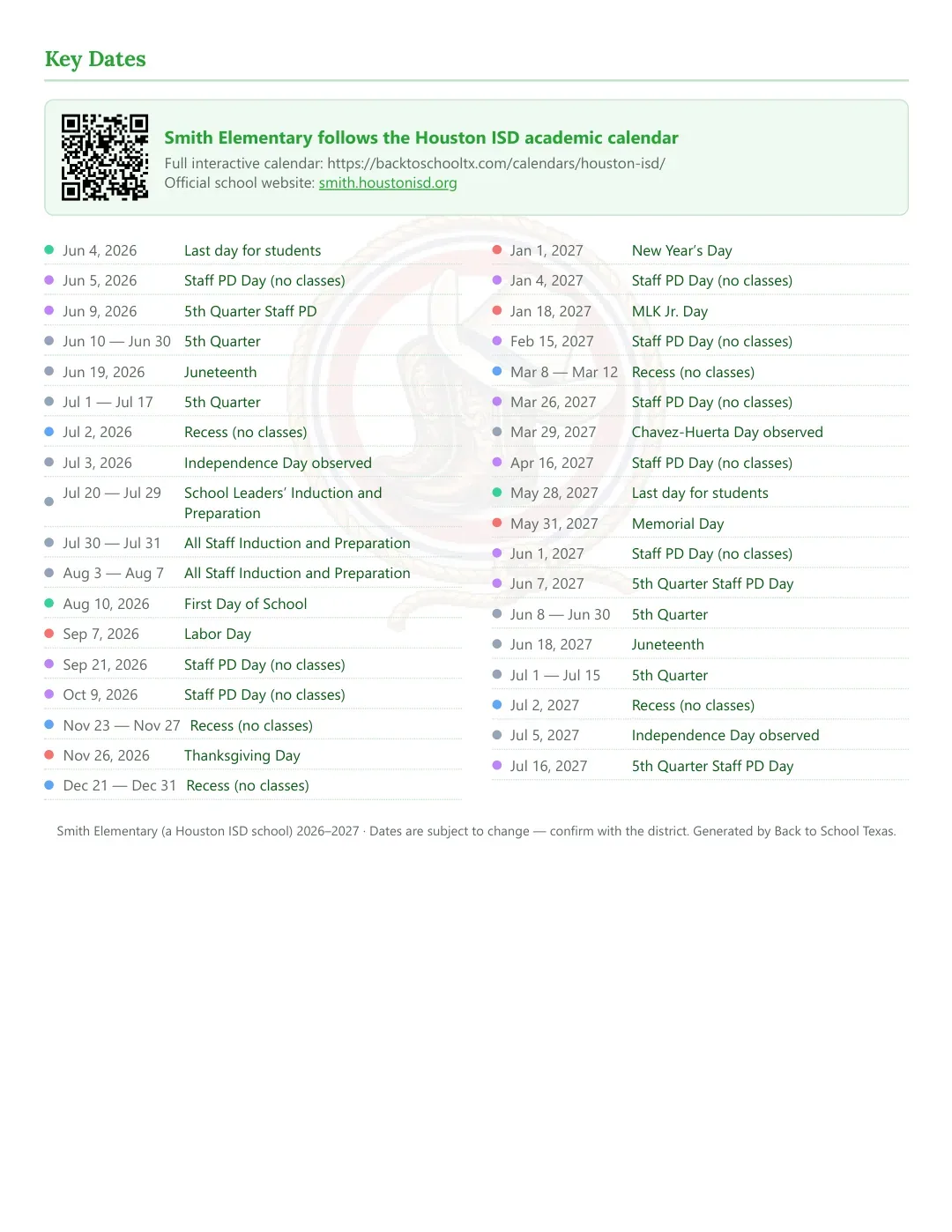 Smith Elementary Calendar for the Year 26-27 — key dates