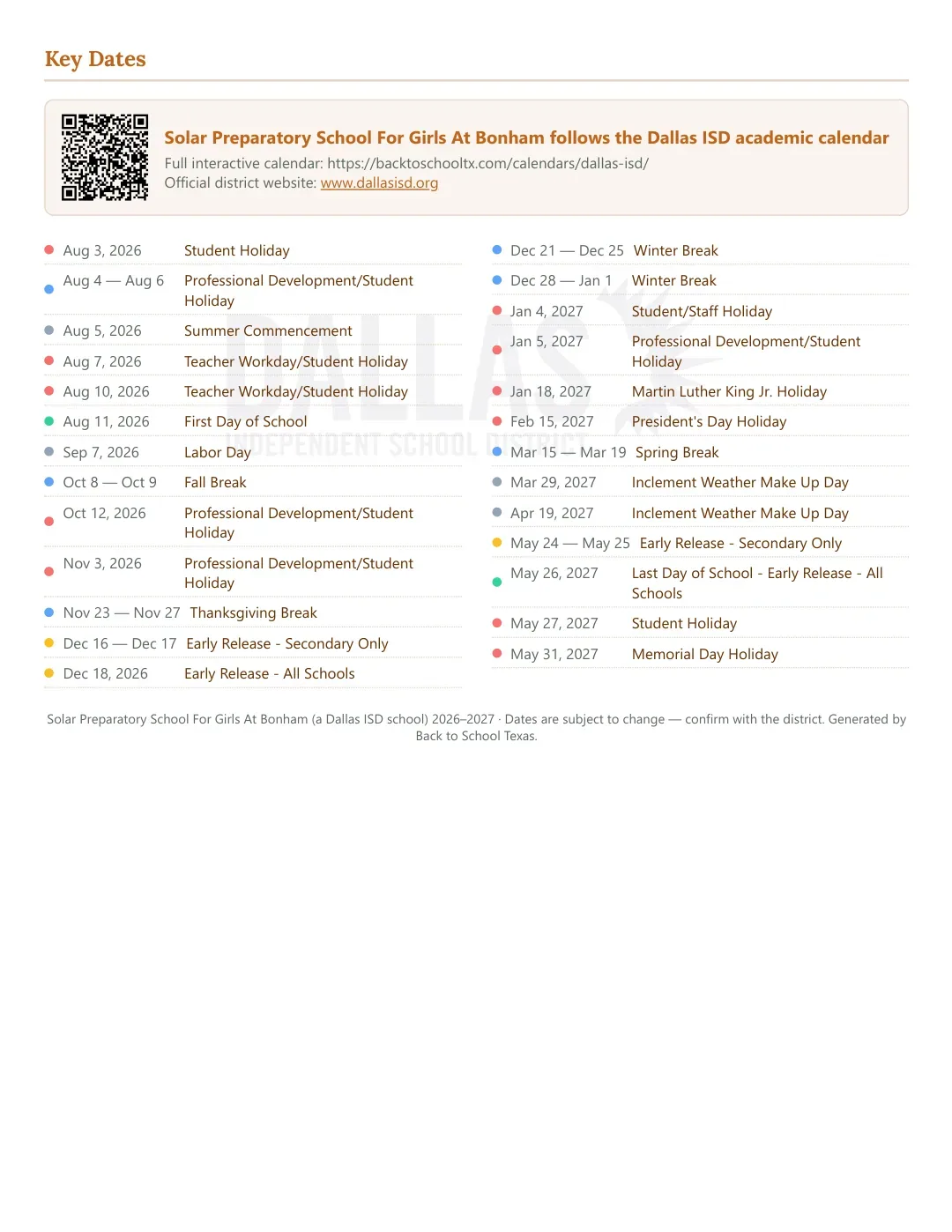 Solar Preparatory School For Girls At Bonham Calendar for the Year 26-27 — key dates