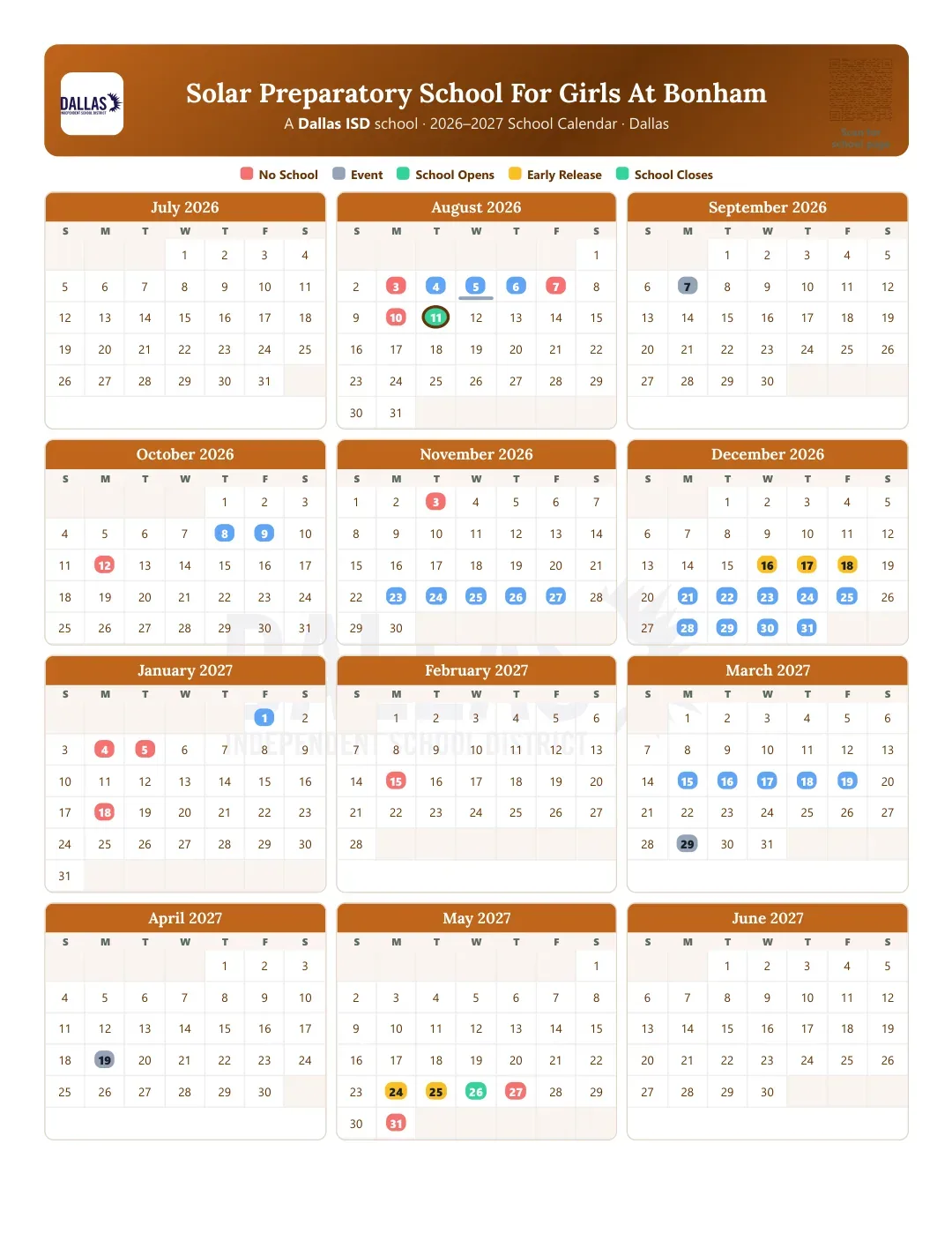 Solar Preparatory School For Girls At Bonham Calendar for the Year 26-27