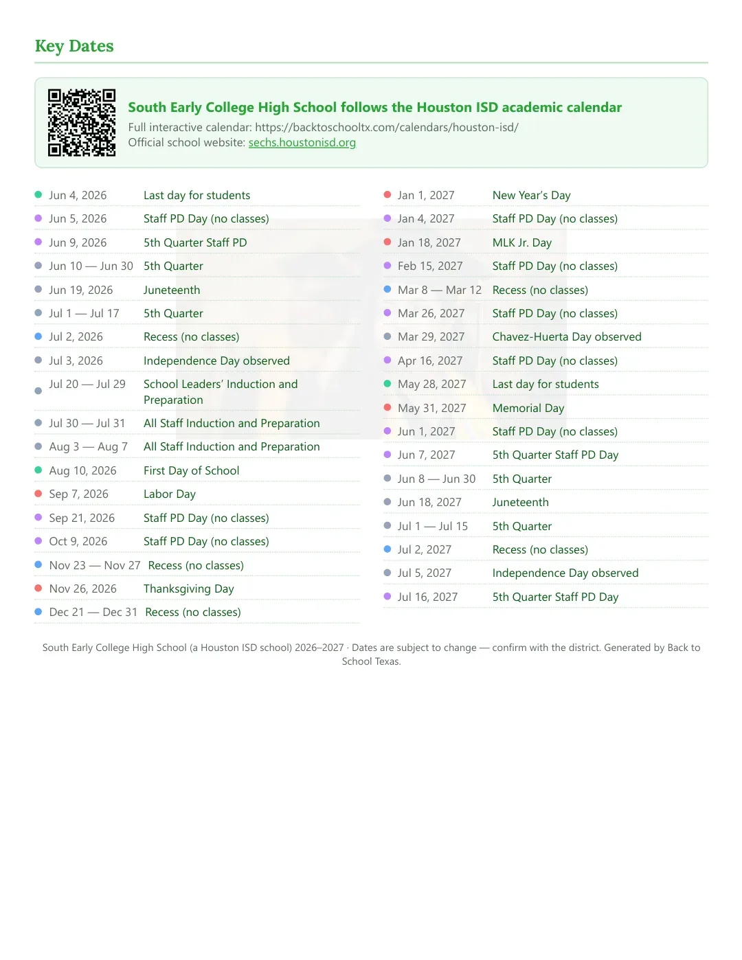 South Early College High School Calendar for the Year 26-27 — key dates
