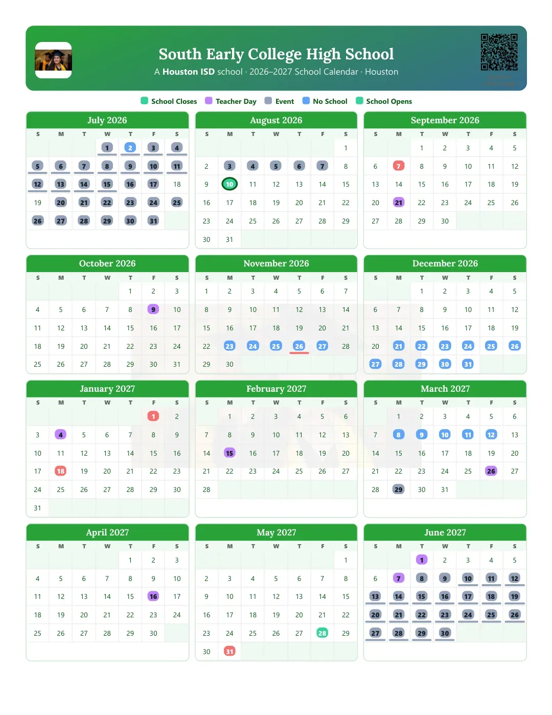 South Early College High School Calendar for the Year 26-27