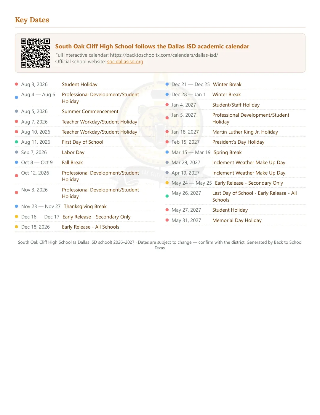South Oak Cliff High School Calendar for the Year 26-27 — key dates