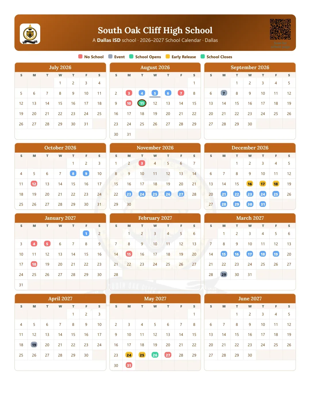 South Oak Cliff High School Calendar for the Year 26-27