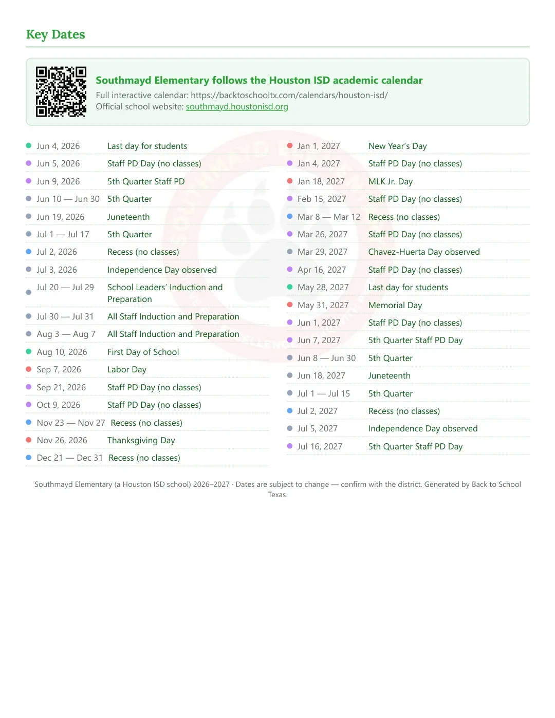 Southmayd Elementary Calendar for the Year 26-27 — key dates
