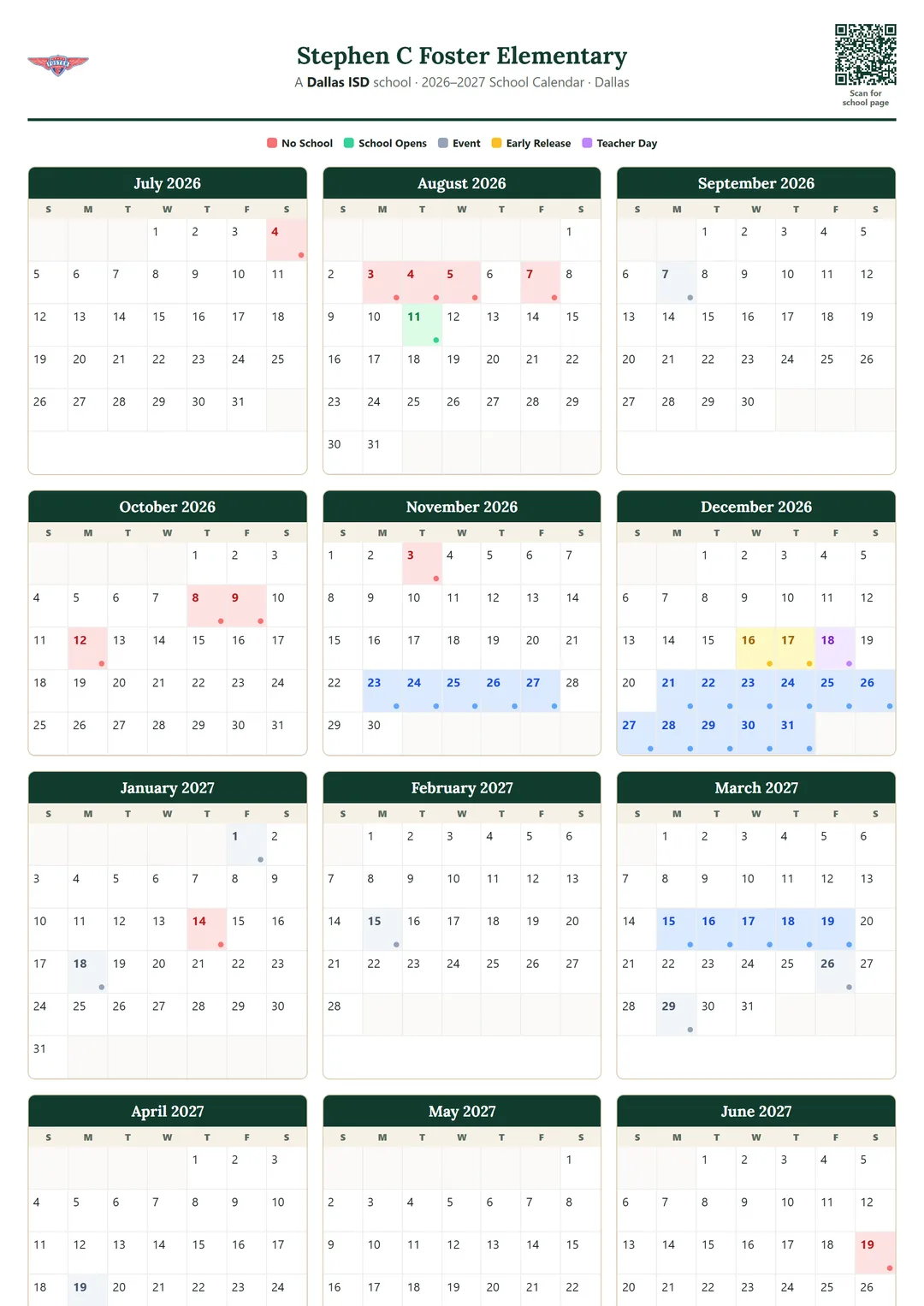 Stephen C Foster Elementary printable 2026–2027 calendar