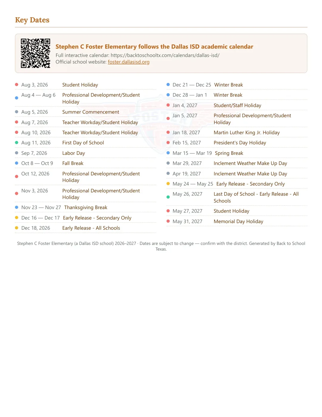 Stephen C Foster Elementary Calendar for the Year 26-27 — key dates