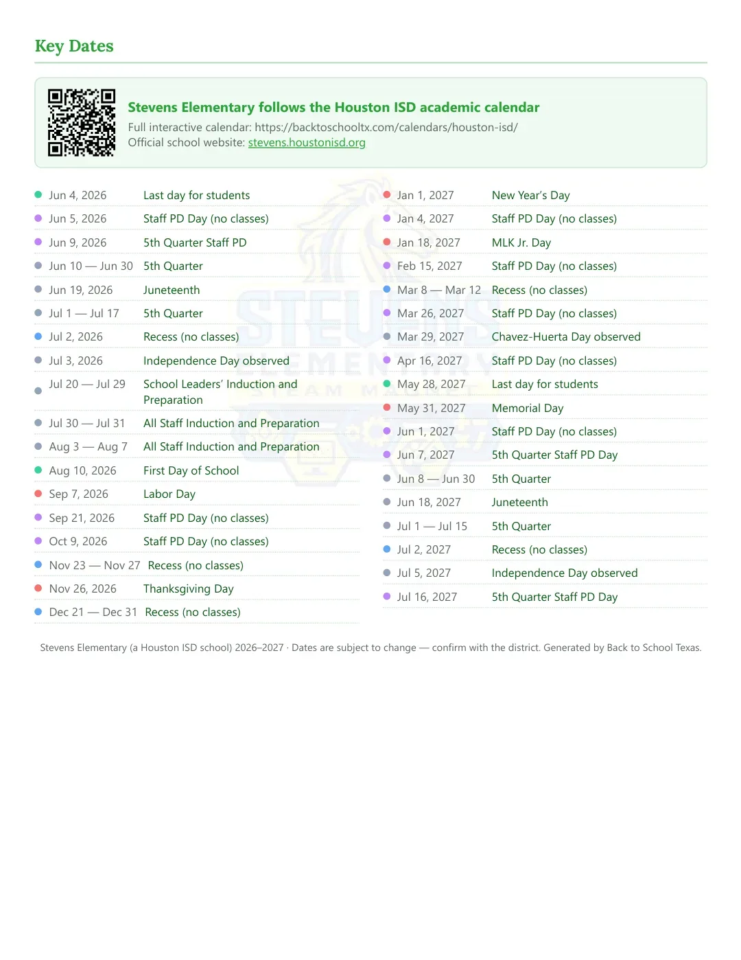 Stevens Elementary Calendar for the Year 26-27 — key dates