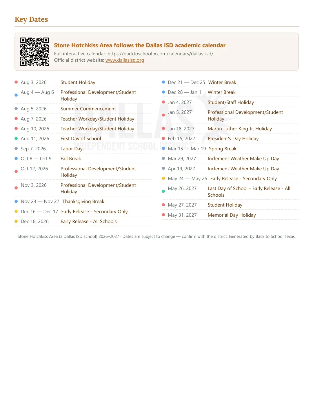 Stone Hotchkiss Area Calendar for the Year 26-27 — key dates