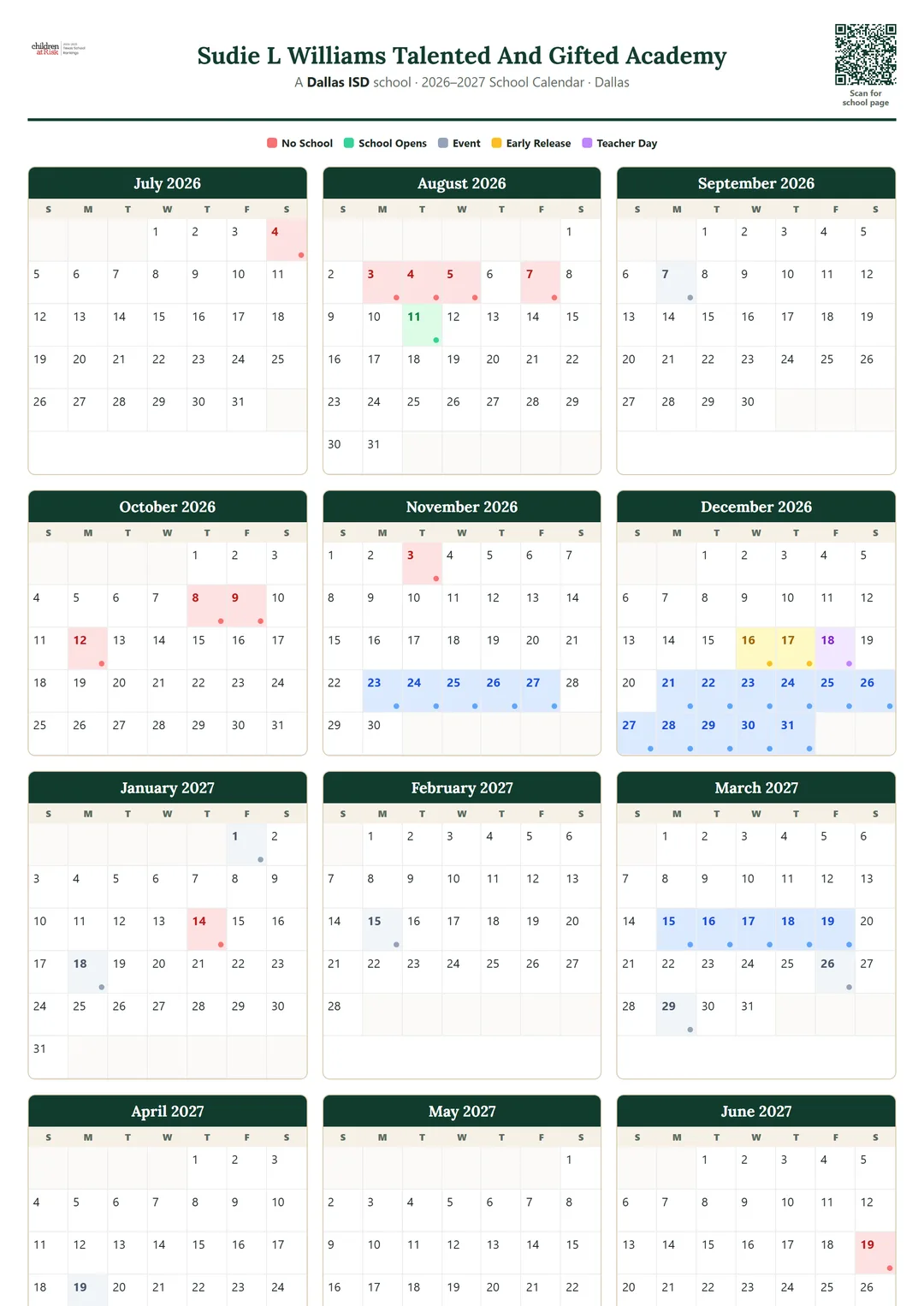 Sudie L Williams Talented And Gifted Academy printable 2026–2027 calendar