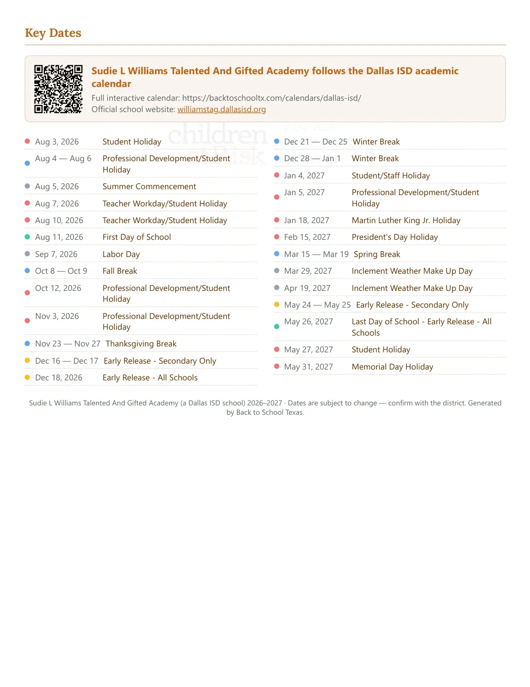 Sudie L Williams Talented And Gifted Academy Calendar for the Year 26-27 — key dates