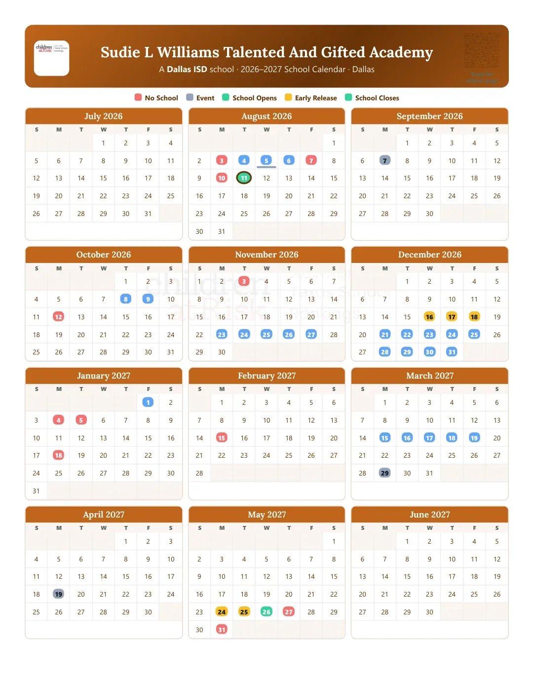 Sudie L Williams Talented And Gifted Academy Calendar for the Year 26-27