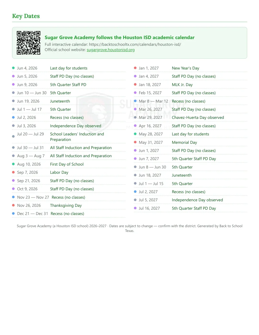 Sugar Grove Academy Calendar for the Year 26-27 — key dates