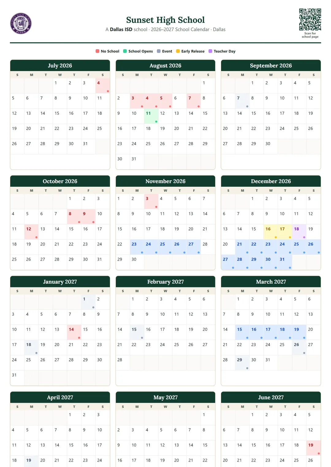 Sunset High School printable 2026–2027 calendar