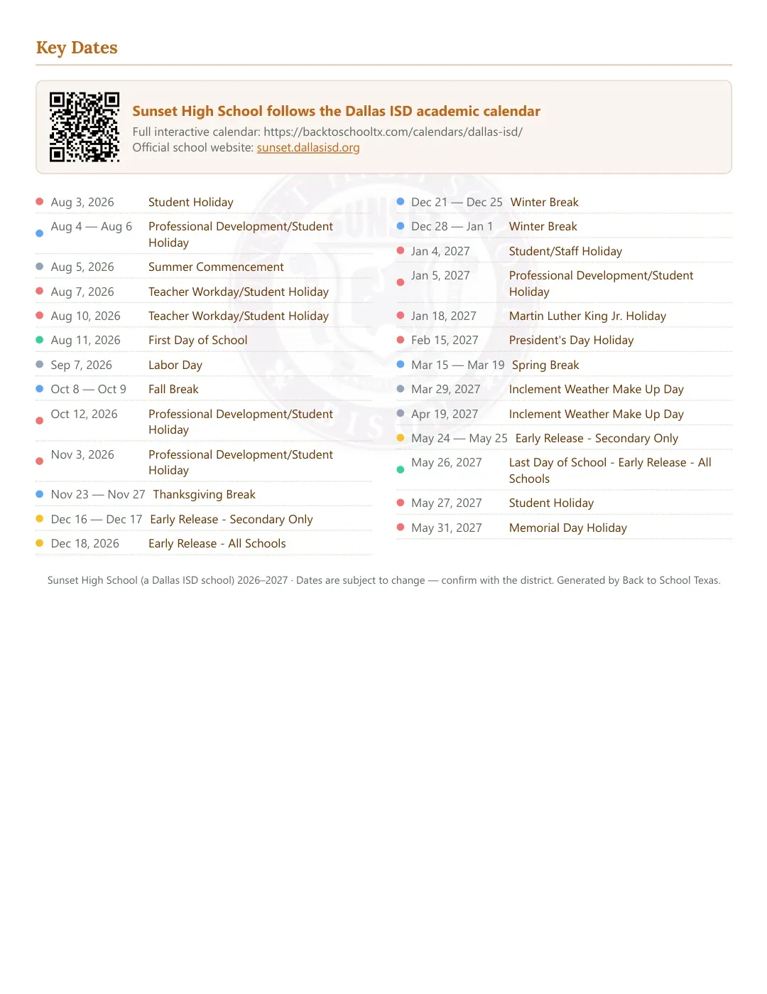 Sunset High School Calendar for the Year 26-27 — key dates