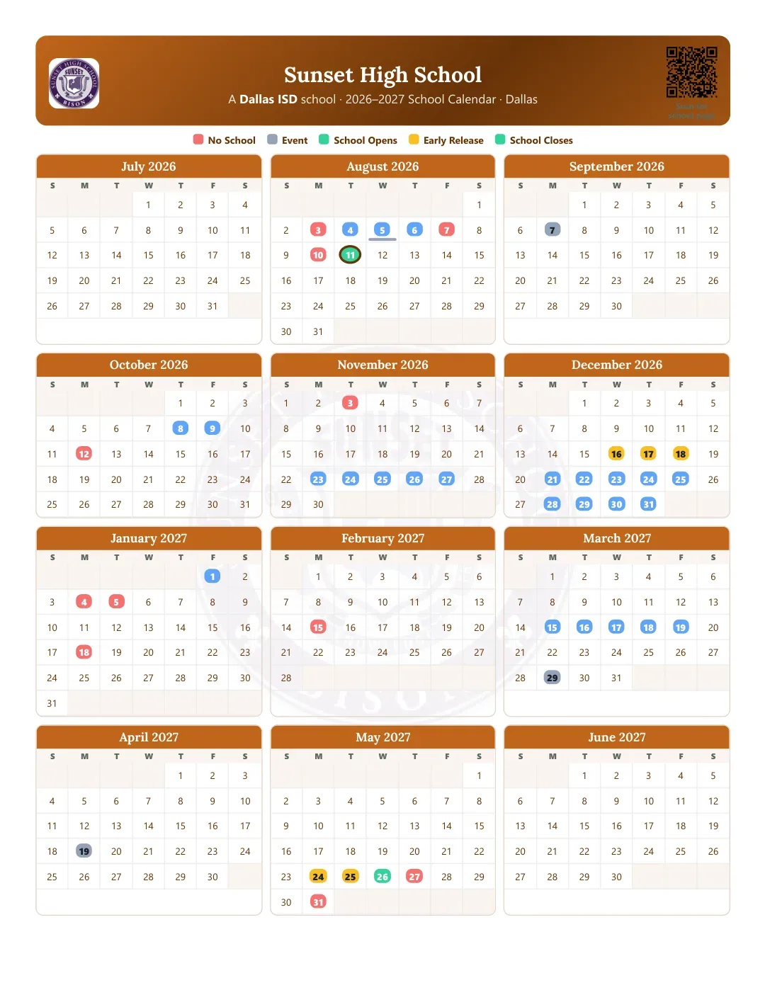 Sunset High School Calendar for the Year 26-27