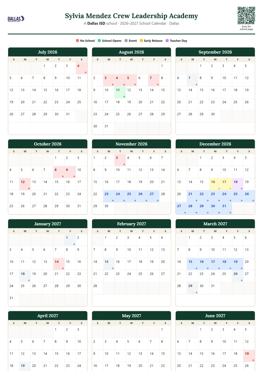 Sylvia Mendez Crew Leadership Academy printable 2026–2027 calendar
