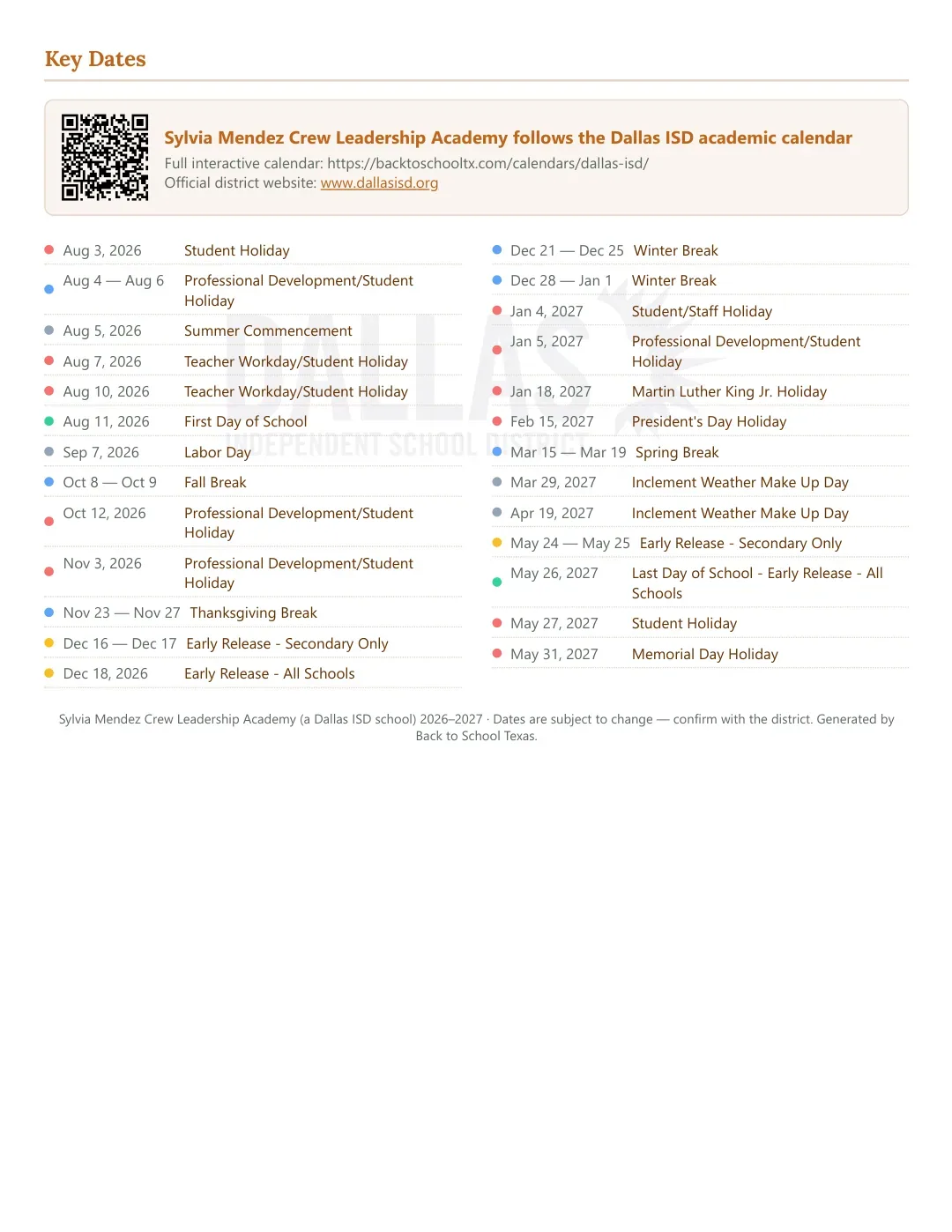 Sylvia Mendez Crew Leadership Academy Calendar for the Year 26-27 — key dates