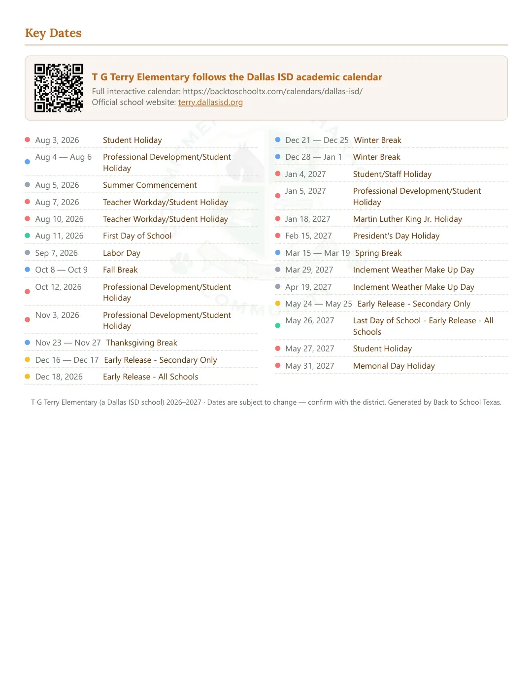 T G Terry Elementary Calendar for the Year 26-27 — key dates
