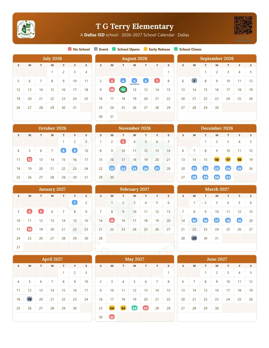 T G Terry Elementary Calendar for the Year 26-27