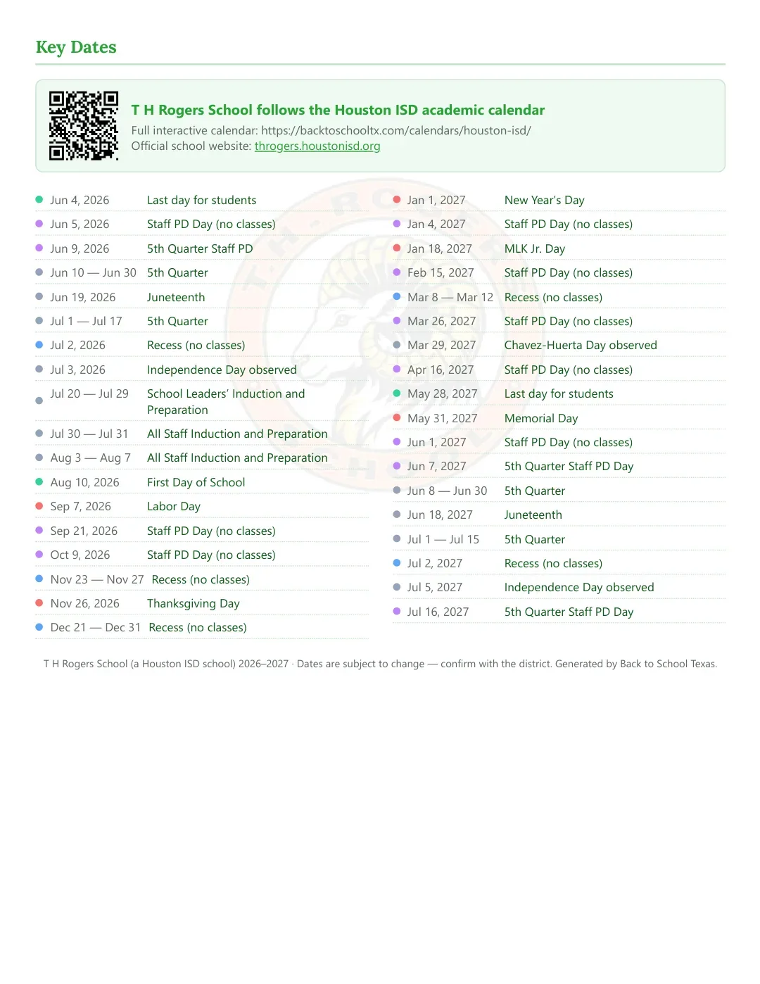 T H Rogers School Calendar for the Year 26-27 — key dates